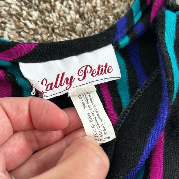 Vintage Sally Petite 80s Longsleeve Black Fit Flare Tie Chevron Striped Dress - Picture 15 of 16